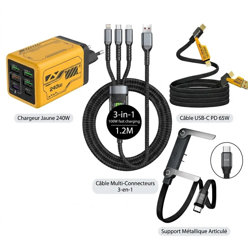 Pack 240w chargeur jaune + 3 cable usb 